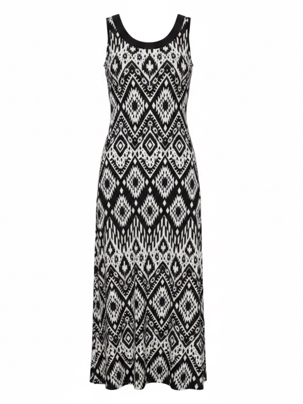 NWT Chicos Maxi Dress 8 Black White Sleeveless Soft Stretch Summer Retail $84.50
